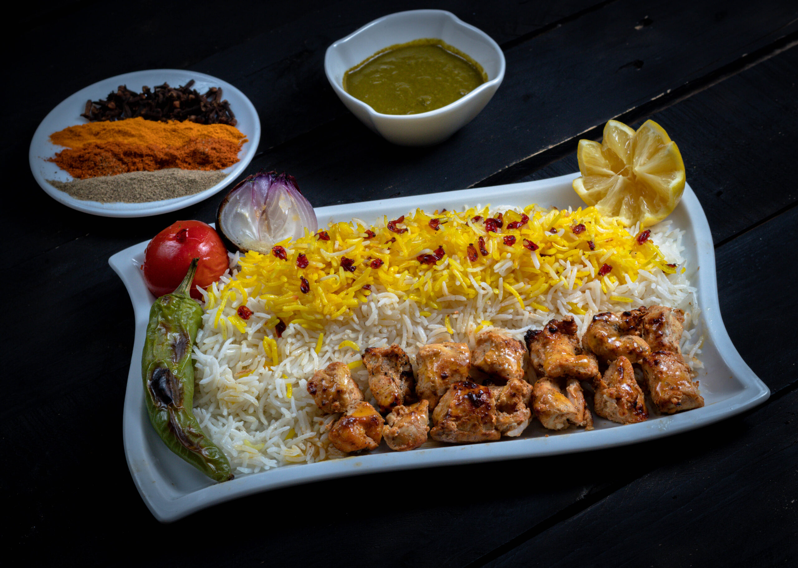 chicken kabab with saffron rice
