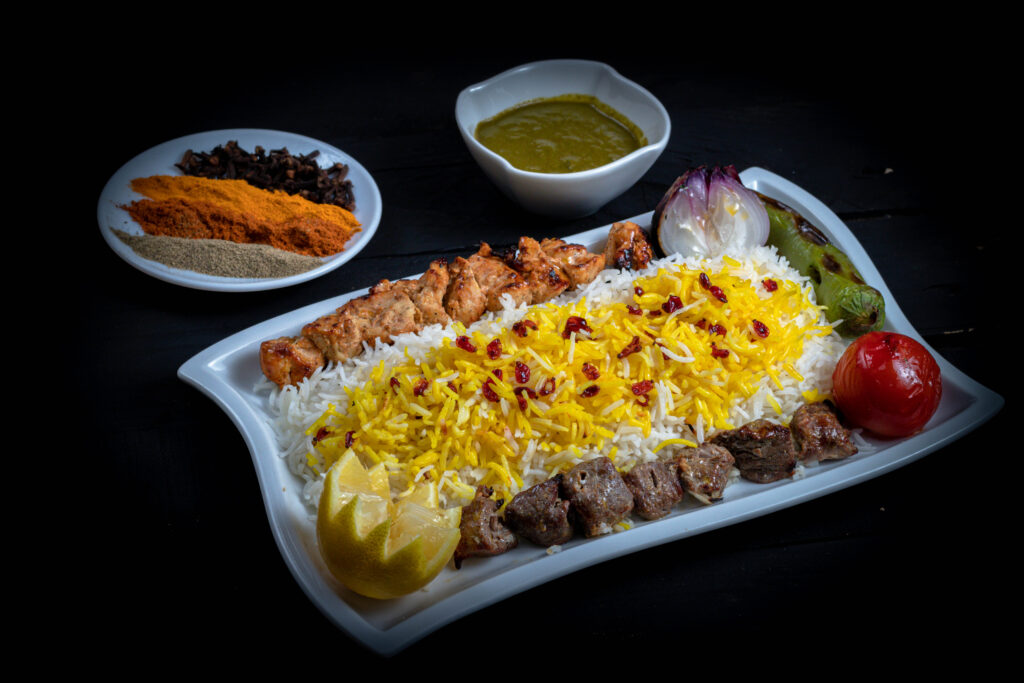 chicken and mutton kabab with saffron rice