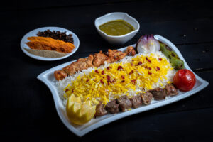 Mutton & Chicken kabab with saffron rice