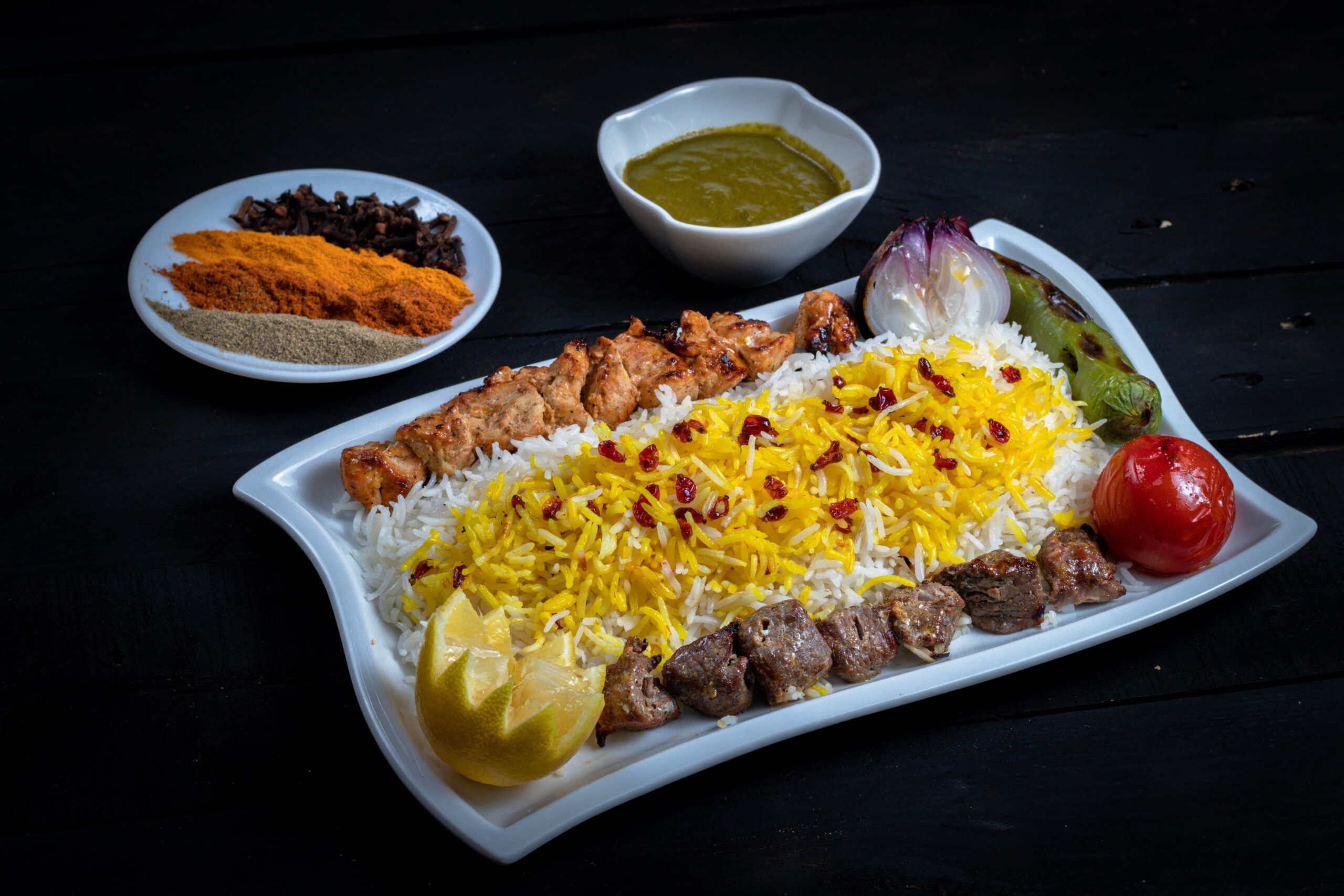 Mutton & Chicken kabab with saffron rice